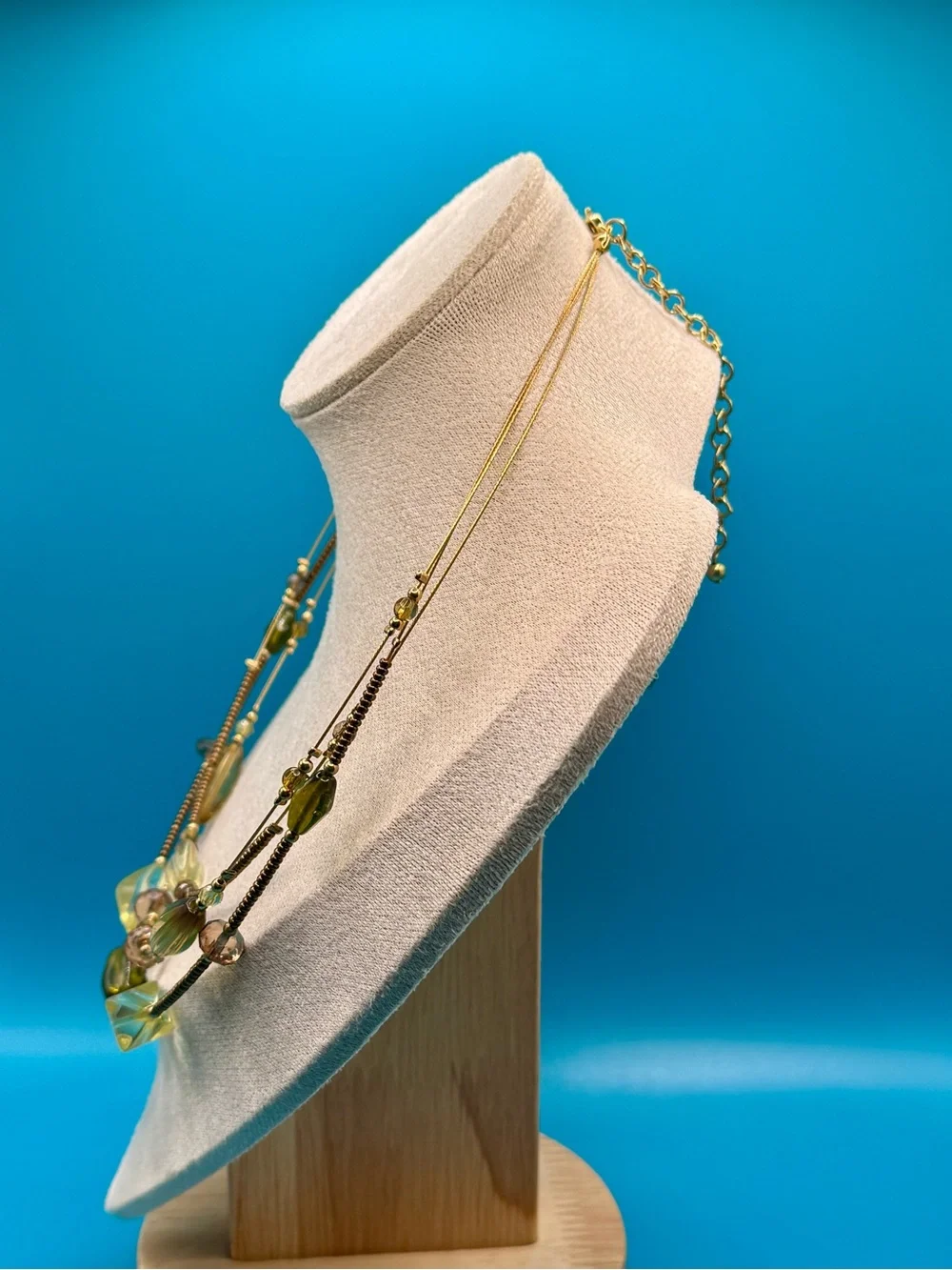 NWOT 3-Strand Beaded Illusion Olive Green and Amber Beaded Necklace